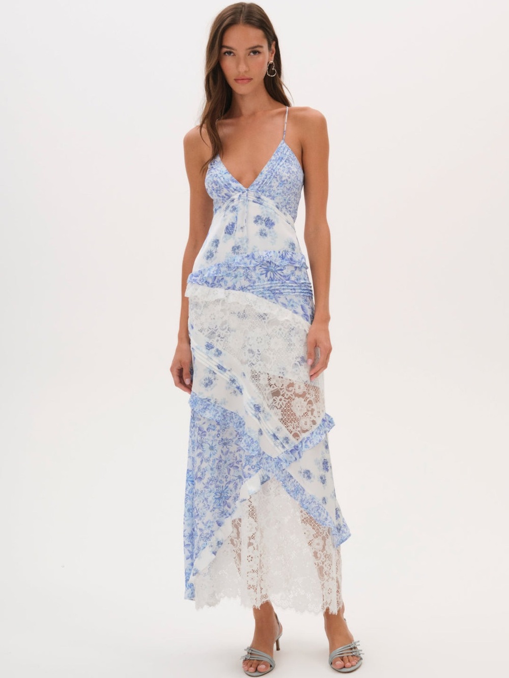 For Love & Lemons Rosalyn Maxi Dress Blue and White Floral Lace Size Medium - Picture 1 of 16
